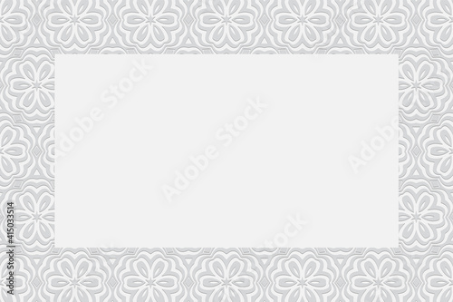 Geometric art convex volumetric 3D texture. Curly white background with embossed floral ornament from ethnic elements. Pattern from a frame for text.