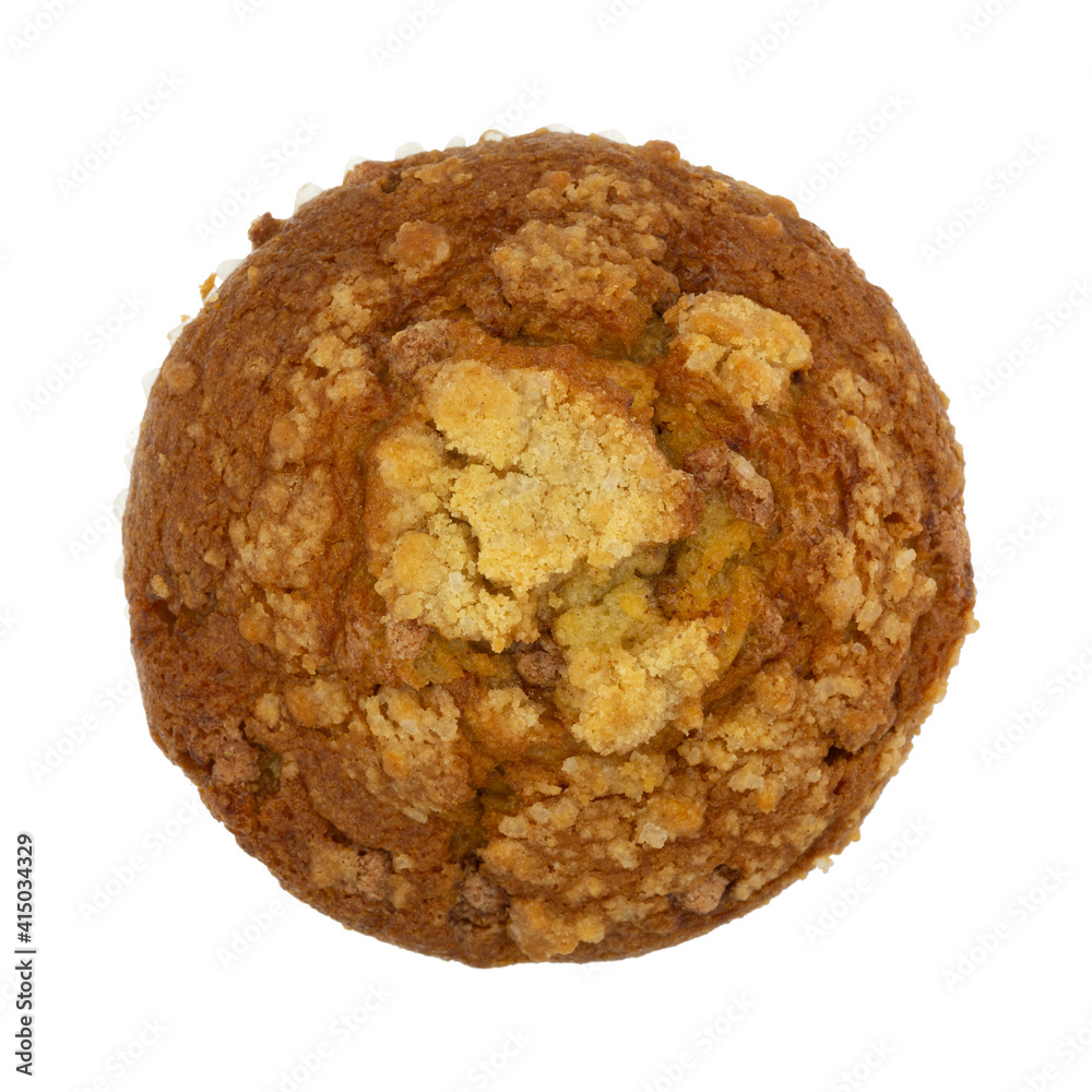 Top view of a single cinnamon crumb muffin isolated on a white background. Top view of a single cinnamon crumb muffin isolated on a white background.