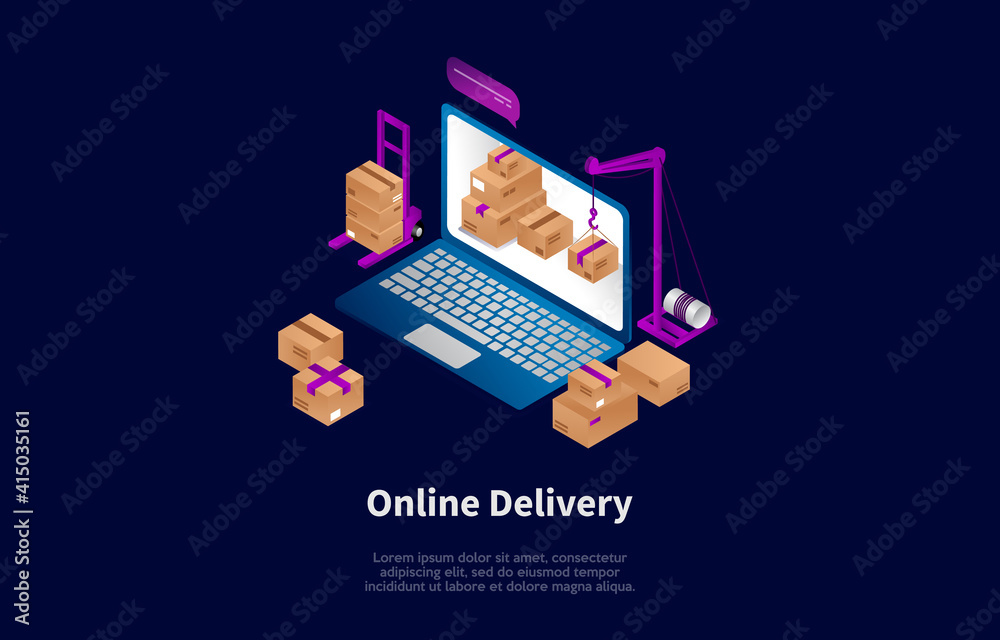 Isometric Composition, Cartoon 3D Style. Vector Illustration, Dark Background With Text And Elements. Online Delivery Concept Design. Laptop With Cardboard Parcel Boxes On Screen, Other Packages Near Isometric Composition, Cartoon 3D Style. Vector Illustration, Dark Background With Text And Elements. Online Delivery Concept Design. Laptop With Cardboard Parcel Boxes On Screen, Other Packages Near