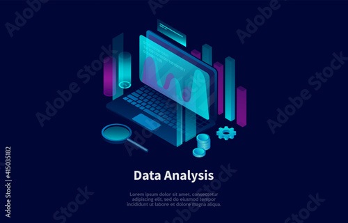 Data Analysis Conceptual Illustration In Cartoon 3D Style. Vector Composition In Neon Colours. Dark Background And Text. Computer With Credit Card, Magnifier And Charts. Infographics Elements Around