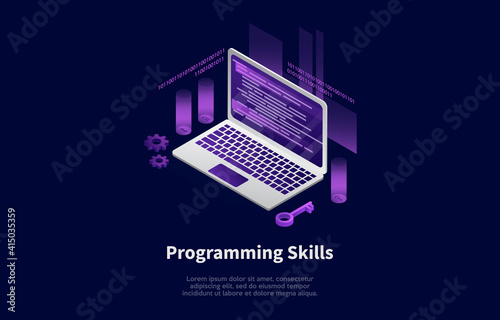 Vector Illustration On Dark Background With Writings And Infographics. Isometric Composition In Cartoon 3D Style. Programming Skills Concept. Modern Laptop With Code On Screen, Key And Cogwheels Near