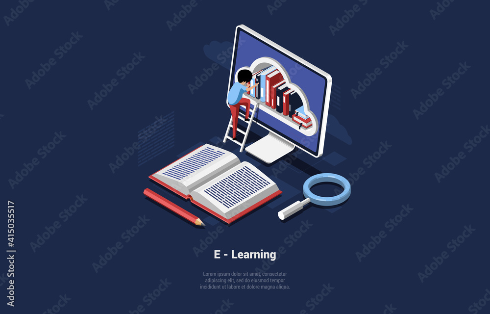 Illustration Of Internet Learning Concept. Vector Composition In Cartoon 3D Style. Isometric Design On Dark Background With Text. Male Character Climbing Ladder To Computer Screen With Cloud Books Illustration Of Internet Learning Concept. Vector Composition In Cartoon 3D Style. Isometric Design On Dark Background With Text. Male Character Climbing Ladder To Computer Screen With Cloud Books