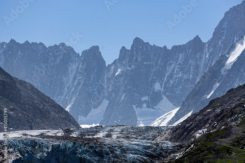 The alps and the nature of mont blanc seen during a beautiful summer day near the village of Chamonix, France - August 2020.