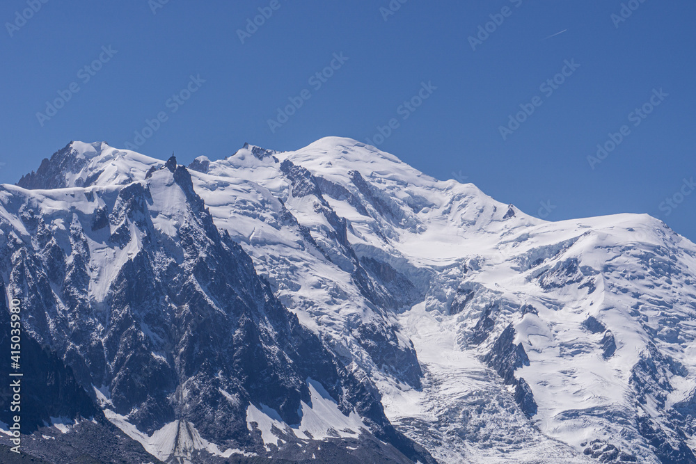 The alps and the nature of mont blanc seen during a beautiful summer day near the village of Chamonix, France - August 2020.