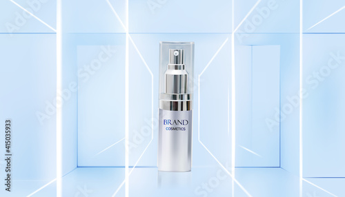 Cosmetic ads template, cosmetic product with wavy light abstract background.3D vector illustration.