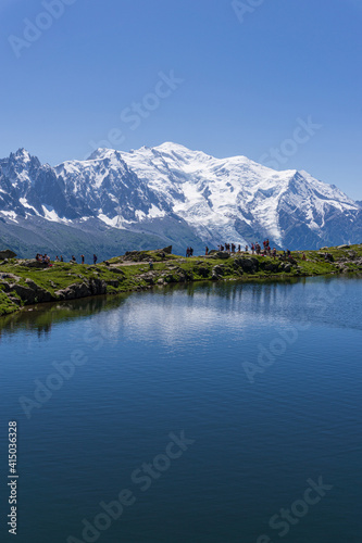 The landscape on mont blanc and mont blanc alps seen from "lac des cheserys" near chamonix, France - august 2020.