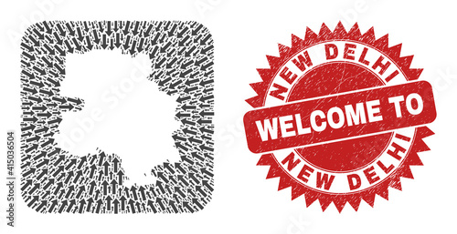 Vector collage New Delhi City map of delivery arrows and rubber Welcome badge. Mosaic geographic New Delhi City map created as carved shape from rounded square shape with delivery arrows.