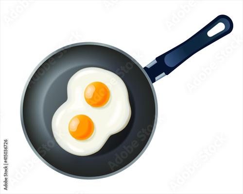 Pan with fried eggs isolated on white background. Cooking foods. Cooked omelet. Cooking lunch, dinner, breakfast. Scrambled eggs. Metallic utensil for frying. Cook tools. Eggs Omelette.3d illustration