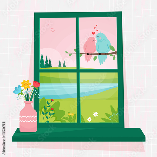 Spring window with view on couple birds on a branch, a vase of flowers on the windowsill. Cute cozy vector illustration in flat style