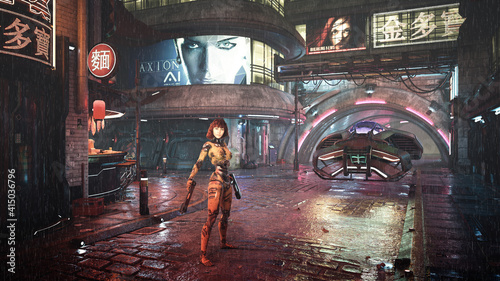 Female cyborg holding guns in futuristic cyberpunk city at night