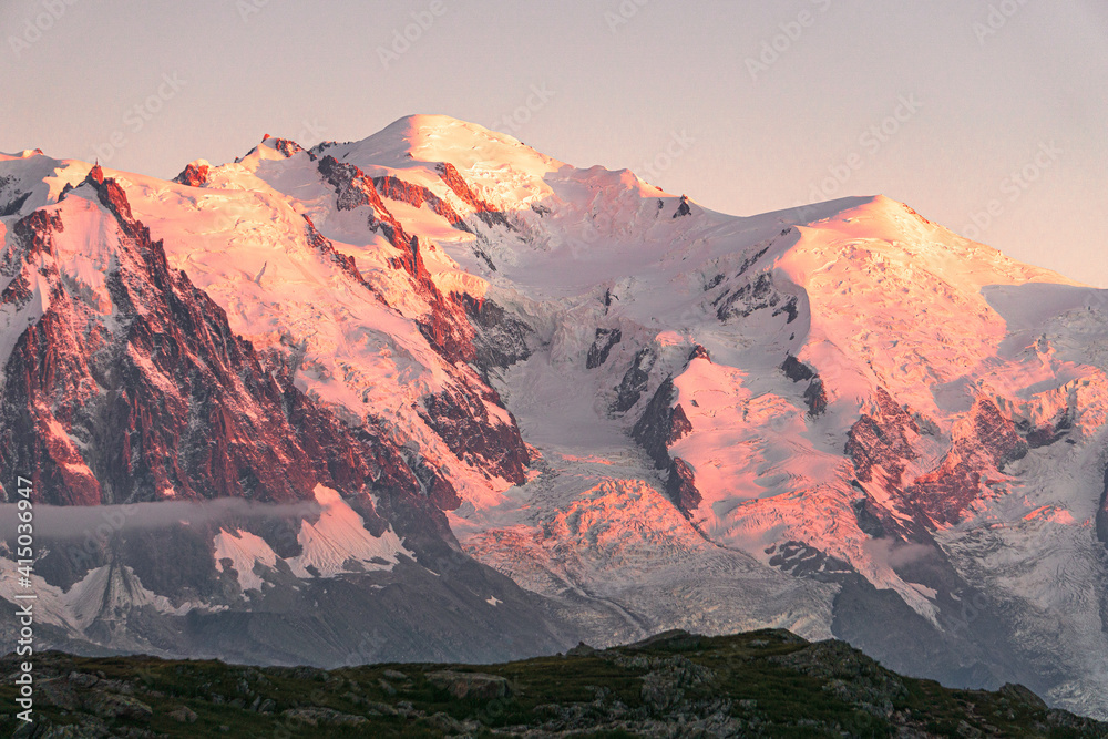 Sunset on mont blanc and mont blanc alps seen from 