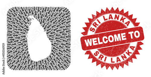 Vector mosaic Sri Lanka map of direction arrows and scratched Welcome badge. Mosaic geographic Sri Lanka map constructed as hole from rounded square with pointer arrows.