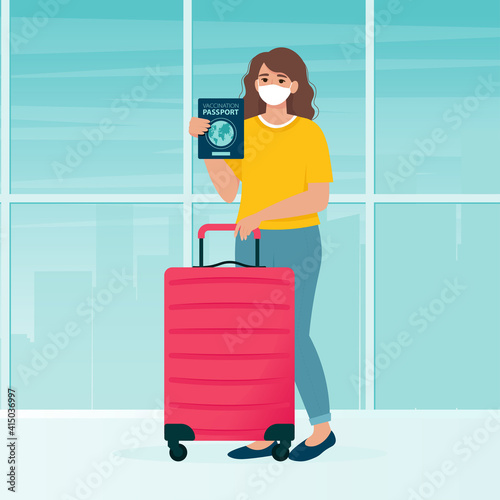 Woman with travel bag and vaccination passport in airport. Quarantine measures to stop the spread of coronavirus COVID-19. Vector illustration in flat style