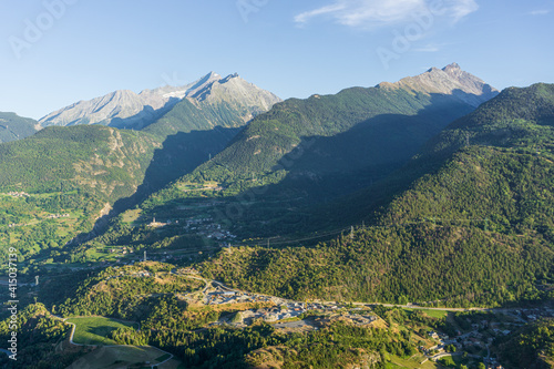 The Italian Alps in the Aosta Valley at sunset, near the town of Aosta, Italy - August 2020.