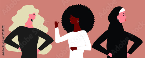 Three confident females from different nationalities standing. Group of women represent sisterhood and friendship. women's rights, gender equality and solidarity. woman empowerment movement concept.