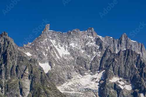 The "dente del Gigante": one of the highest and most famous peaks of the val'daosta, near the town of Courmayeur, Italy - August 2020.
