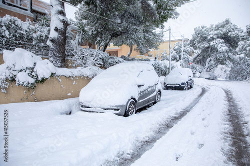 Beautiful winter morning snow covered streets of Athens, Greece, 16th of February 2021.
