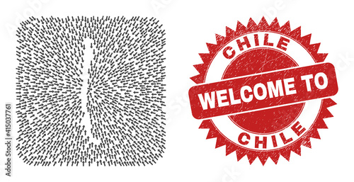 Vector collage Chile map of navigation arrows and scratched Welcome seal stamp. Mosaic geographic Chile map created as stencil from rounded square shape with navigation arrows.