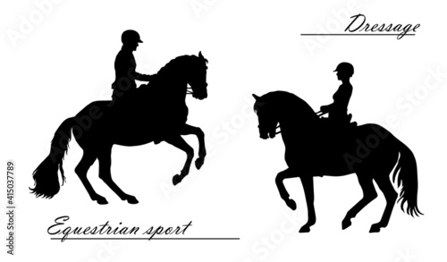 isolated realistic black silhouettes of two riders 