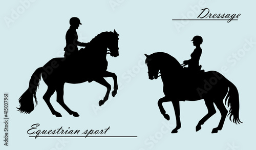 isolated realistic black silhouettes of two riders 