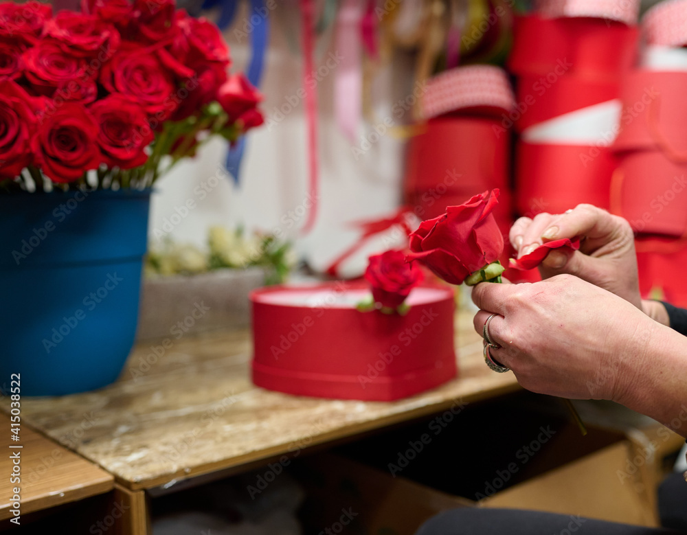 Obraz premium Florist making flower box with red roses on the table, red roses in the tank on the background