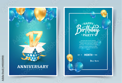 17th years birthday vector invitation double card. Seventeen years anniversary celebration brochure. Template of invitational for print on blue background