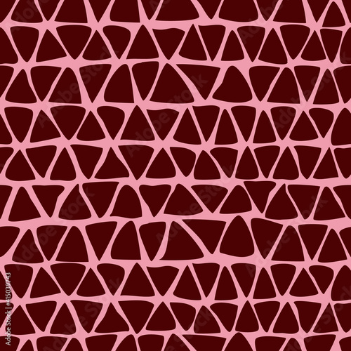 Abstract burgundy Triangles Seamless Pattern on Pink Background Spotted Leopard dark Red  Doodle Irregular abstract texture Modern lattice Trendy hipster design Vector Illustration