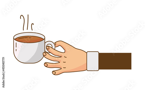 hand lifting hot coffee drink in ceramic cup isolated icon