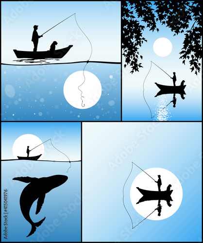 Fisherman isolated silhouette. Man fishing in boat. Whale outline