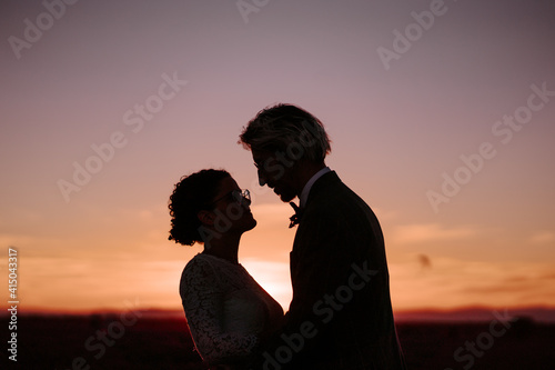 Side view silhouettes of romantic newlywed couple standing face to face on spacious field against purple sunset sky photo