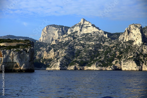 Frontal view of the cliff between the blue of the sea and the sky, Parc National des Calanques, Marseille, France