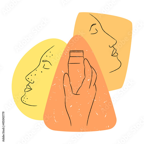 Drawn vector linear illustration of hand and ultrasonic device for cleaning skin. In background, face with acne and healthy, clean face are depicted. Concept cosmetic procedures, dermatology, spa.