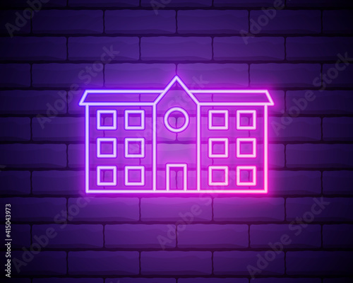 School building neon sign. Modern bright school building exterior with flap on roof. Night bright advertisement. Vector illustration in neon style for education and castle isolated on brick wall