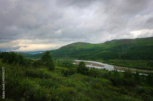 Sob River scenic view from hill, Polar Ural, Yamalo-Nenets Autonomous Region, Russia photo