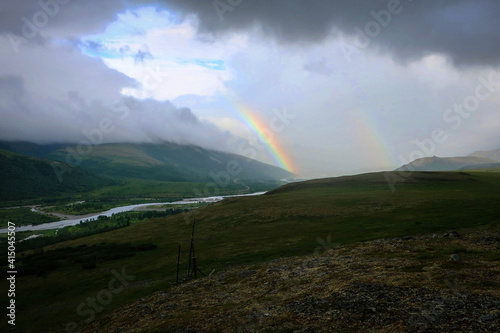 Rainbow over Sob River, Polar Ural mountains, Yamalo-Nenets autonomous Region, Russia