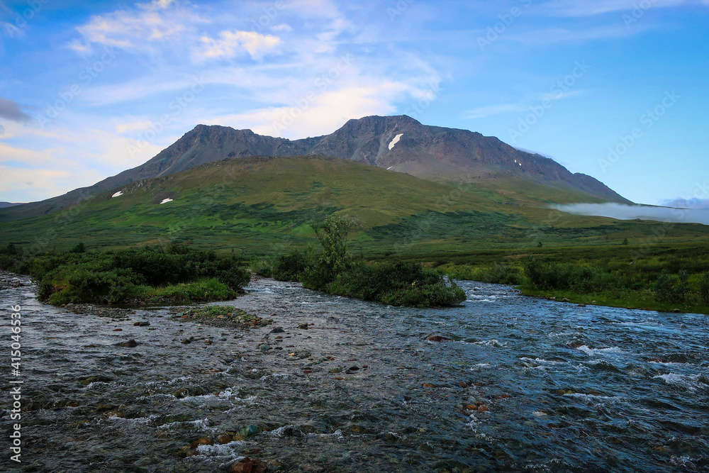 Summer landscape of Polar Ural mountains near Sob station, Yamalo-Nenets Autonomous Region, Russia