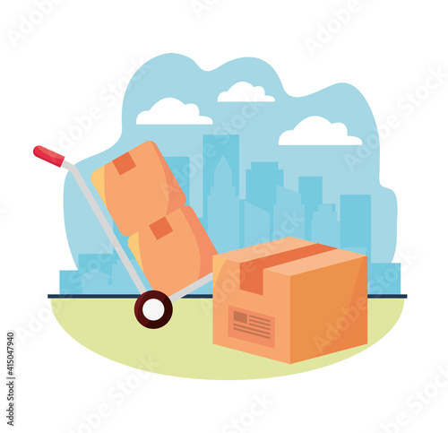 boxes carton in cart on the city delivery service icons