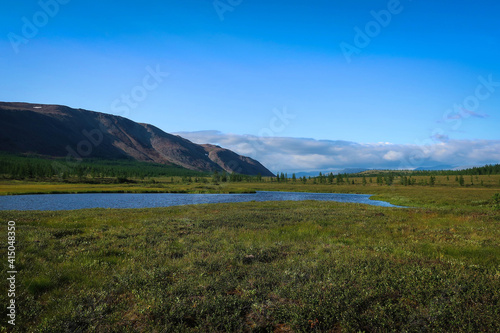 Landscape of Polar Ural mountains by summer near Sob River and Kharp village, Russia