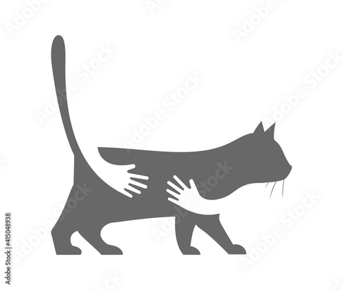 Human hands embracing or holding cat silhouette vector flat illustration isolated on white background. Pet care, veterinary clinic, pet sitter service sign design template.