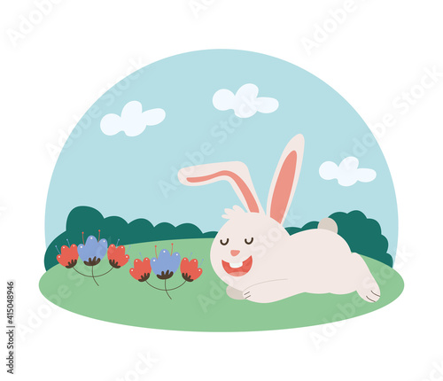 cute little bunny easter with spring flowers in the garden character