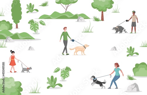 People walking in city park with domestic pets vector flat illustration. Girl, woman, and men holding cat, dog, and racoon on leash. Pet owners spending time outdoor, taking care of domestic pets.