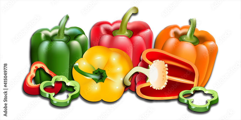 Cartoon bell peppers with shadow set. Red and green bright vegetables. Group with whole and halved red, green and orange pepers isolated on white background. Red and green slices. Fresh paprika Cartoon bell peppers with shadow set. Red and green bright vegetables. Group with whole and halved red, green and orange pepers isolated on white background. Red and green slices. Fresh paprika
