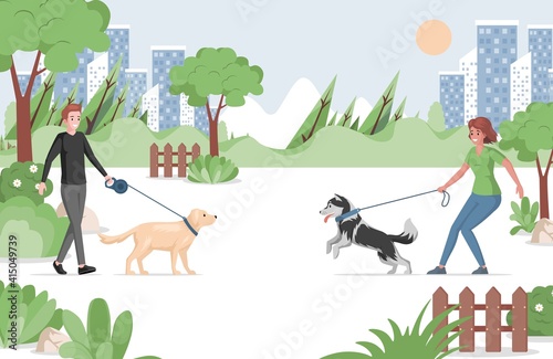 People walking in city park with domestic pets vector flat illustration. Man and woman holding pet on leash. Dog owners outdoor in urban park. Pet care, outdoor activity, pet sitter concept.