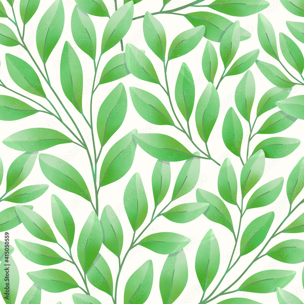 Seamless tropical leaves pattern. Digital hand painting botanical elements. Trendy floral illustration for surface design, fabric, fashion, wallpaper.