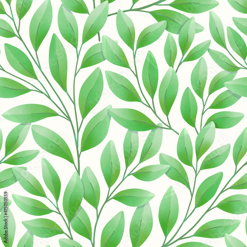 Seamless tropical leaves pattern. Digital hand painting botanical elements. Trendy floral illustration for surface design, fabric, fashion, wallpaper. © Daniela Iga