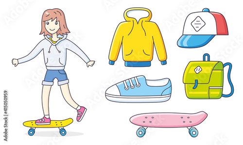 Girl skater riding skateboard, hoodie, baseball cap, sneaker shoe, backpack and longboard or cruiser isolated. Skateboarding clothing set.