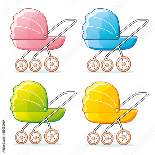 Pink, blue, green and yellow baby child pram stroller isolated