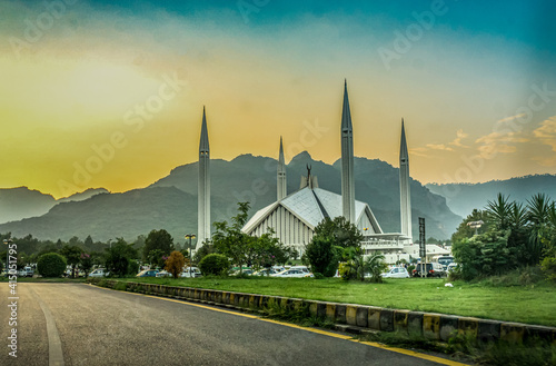 Famous Faisal Mosque View in Islamabad Pakistan st evening time. photo