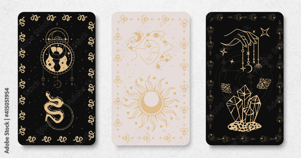 Three tarot cards. Space and astrology concept. Esoteric aesthetics. Magic  occult set of tarot cards. Magic card astrology, drawing spiritual poster.  Silhouette of hands, stars, moon and crystals. vector de Stock