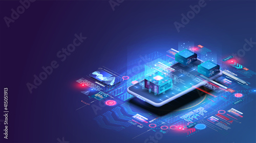 Accounting, big data, blockchain technology isometric, mobile phone data visualization. Digital blocks or cubes constructs database. Blockchain fintech technology and mining cryptocurrency. Vector photo